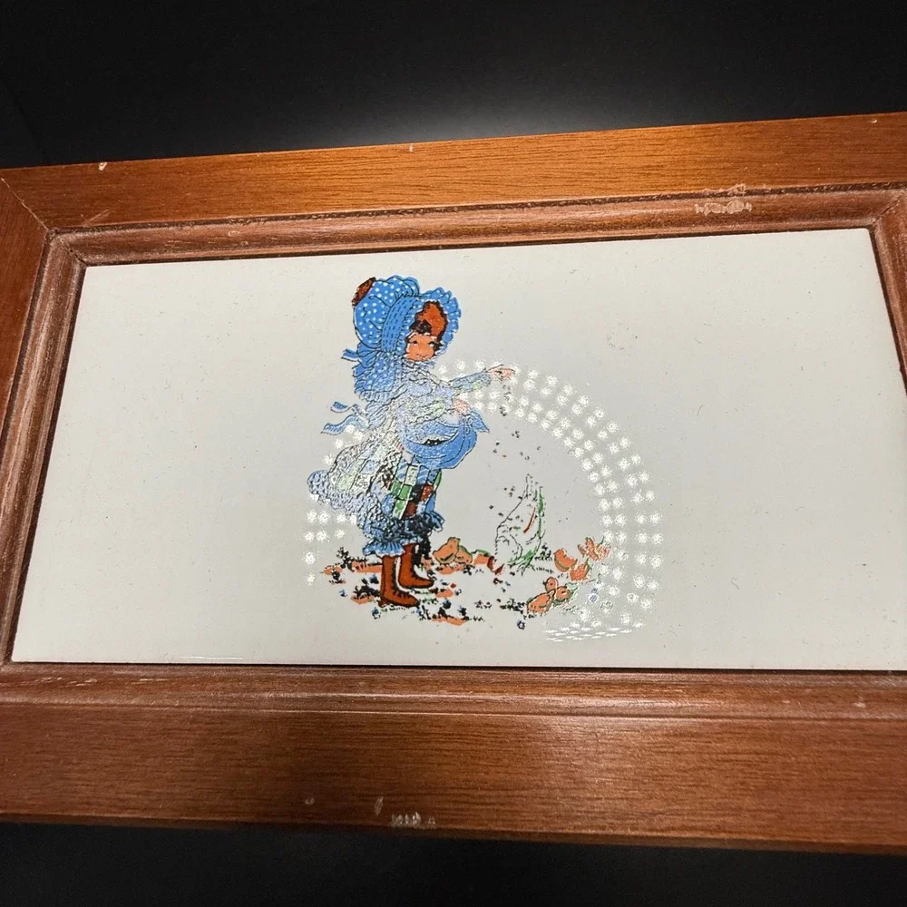 Vintage Wooden Jewelry Box Holly Hobbie Style Tile Inlay Mirror Drawer Organizer